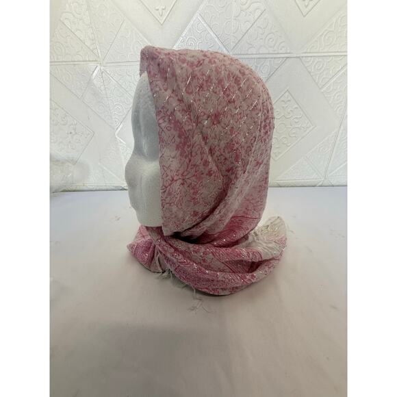 SCARF pink square 38x38" thin with string fringes silver thread - Picture 4 of 8